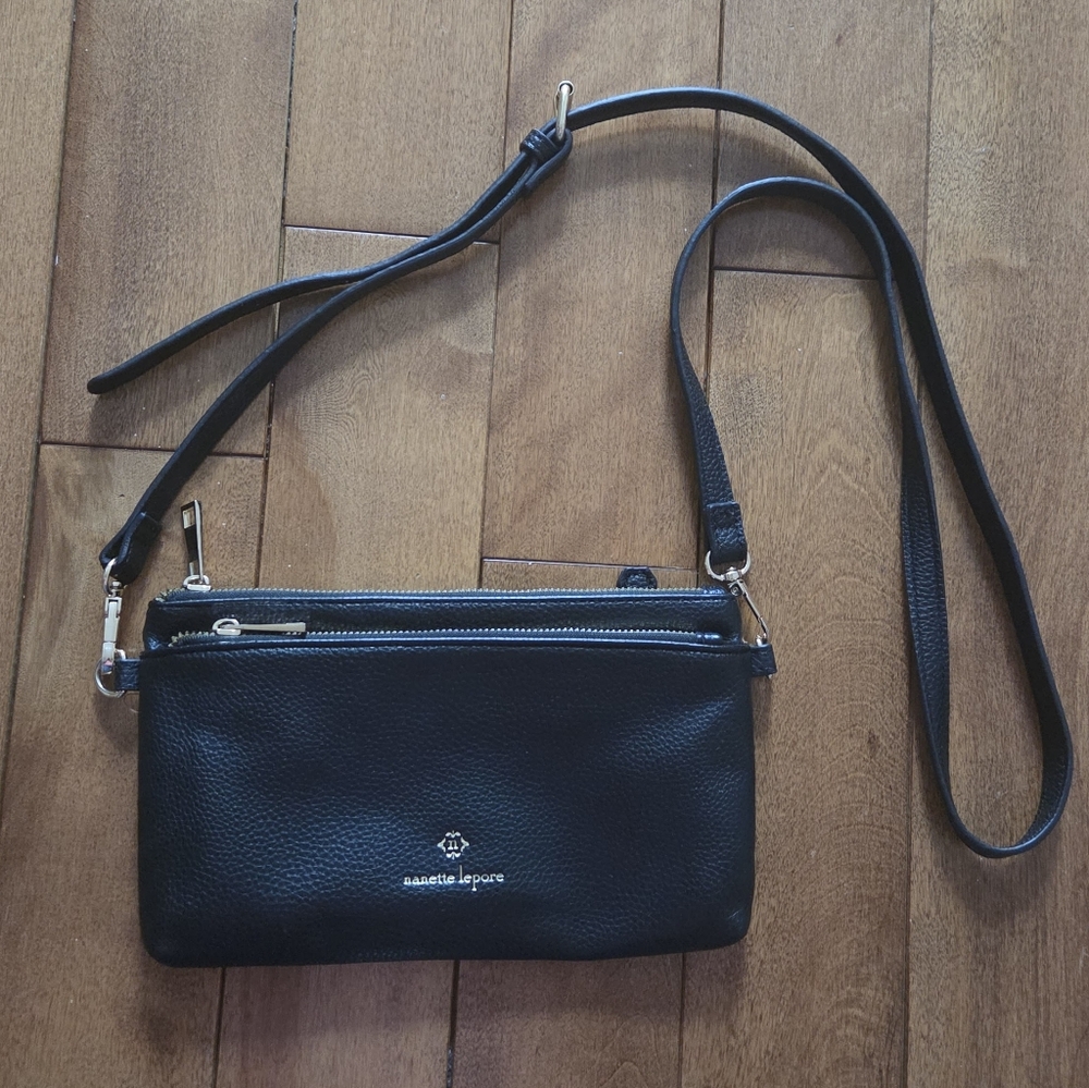 Nanette Lepore Black Pebbled Leather Crossbody with Gold Hardware